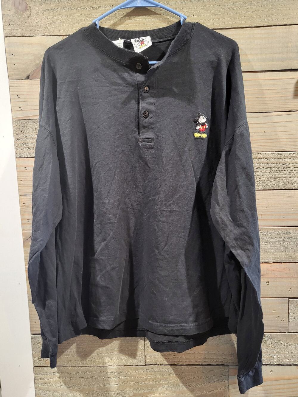 Mickey & Co Black Long Sleeve L Henley Shirt With Disney Mickey Mouse Patch